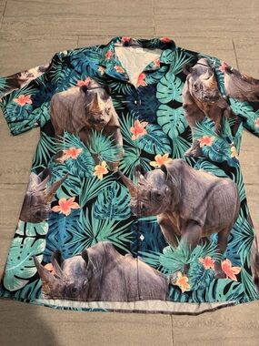 Men's Hawaiian Rhino Cruise Short Sleeve Button Down Beach Summer Size 3XL